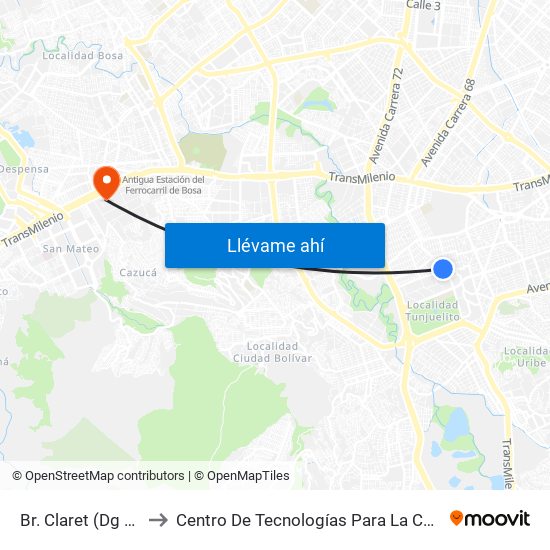 Br. Claret (Dg 51a Sur - Kr 25) to Centro De Tecnologías Para La Construcción Y La Madera (Sena) map