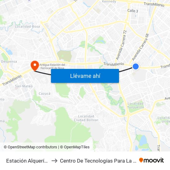 Estación Alquería (Auto Sur - Kr 51f) to Centro De Tecnologías Para La Construcción Y La Madera (Sena) map
