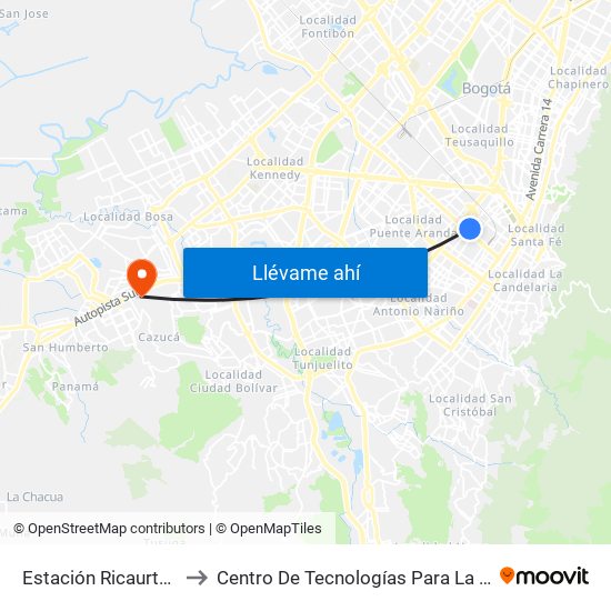 Estación Ricaurte (Ak 27 - Ac 13) (B) to Centro De Tecnologías Para La Construcción Y La Madera (Sena) map