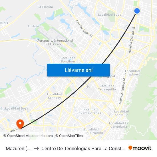 Mazurén (Lado Sur) to Centro De Tecnologías Para La Construcción Y La Madera (Sena) map