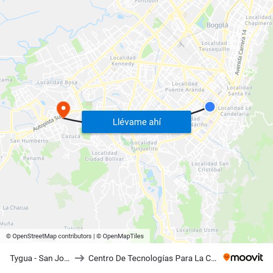 Tygua - San José (Lado Norte) to Centro De Tecnologías Para La Construcción Y La Madera (Sena) map