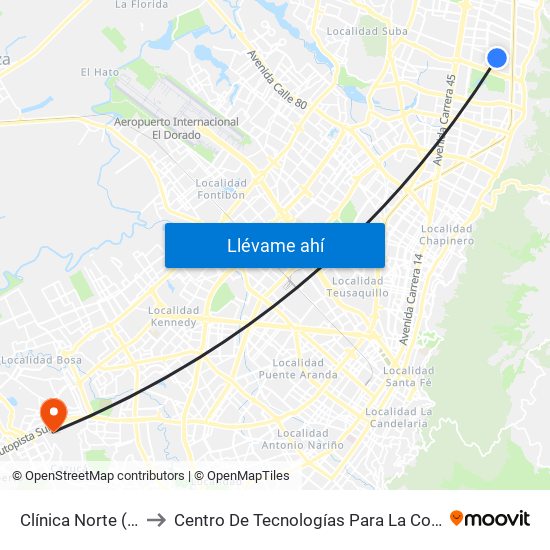 Clínica Norte (Cl 140 - Kr 12) to Centro De Tecnologías Para La Construcción Y La Madera (Sena) map