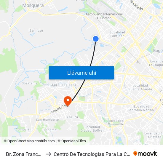 Br. Zona Franca (Kr 106 - Cl 14) to Centro De Tecnologías Para La Construcción Y La Madera (Sena) map