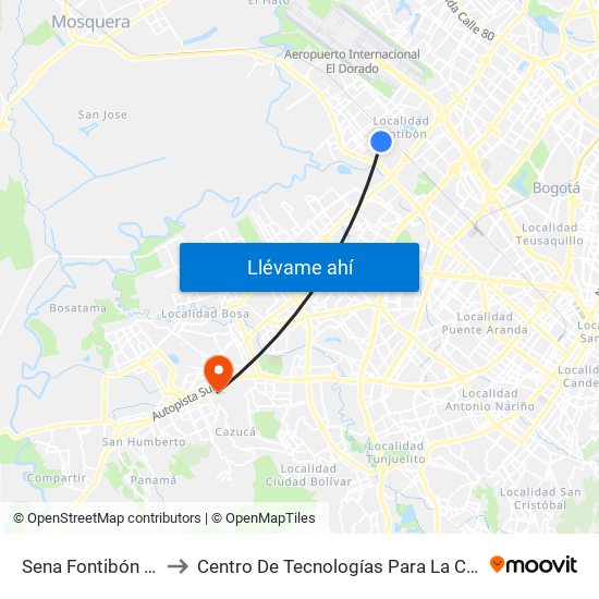 Sena Fontibón (Kr 96c - Cl 20a) to Centro De Tecnologías Para La Construcción Y La Madera (Sena) map