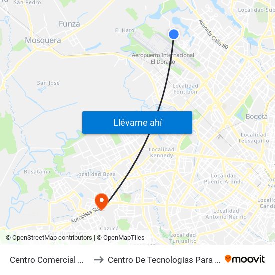 Centro Comercial Muisca (Cl 64 - Kr 118b) (A) to Centro De Tecnologías Para La Construcción Y La Madera (Sena) map