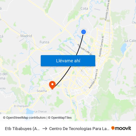 Etb Tibabuyes (Av. Suba - Kr 114c) (A) to Centro De Tecnologías Para La Construcción Y La Madera (Sena) map