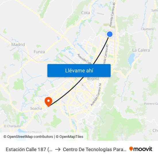 Estación Calle 187 (Auto Norte - Cl 187 Bis) (A) to Centro De Tecnologías Para La Construcción Y La Madera (Sena) map