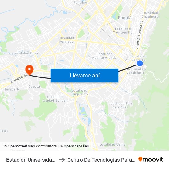 Estación Universidades (Kr 3 - Cl 21) (A) to Centro De Tecnologías Para La Construcción Y La Madera (Sena) map