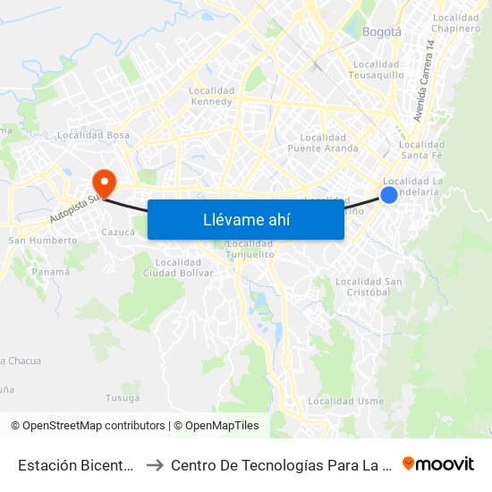 Estación Bicentenario (Kr 9 - Cl 6a) to Centro De Tecnologías Para La Construcción Y La Madera (Sena) map