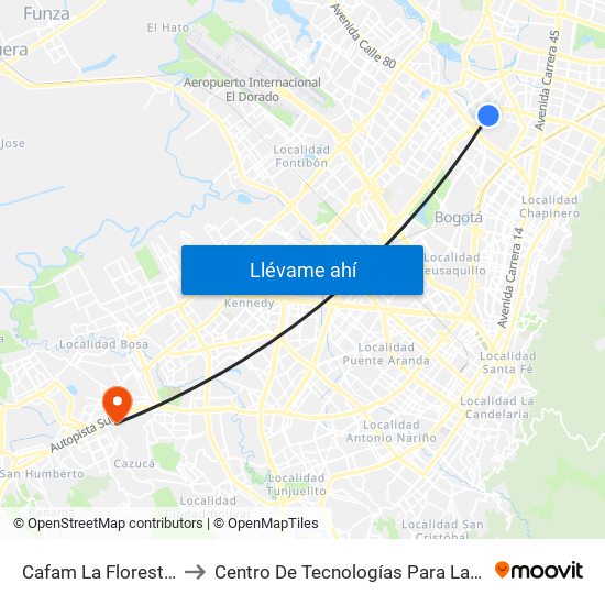 Cafam La Floresta (Ak 68 - Cl 98) (A) to Centro De Tecnologías Para La Construcción Y La Madera (Sena) map