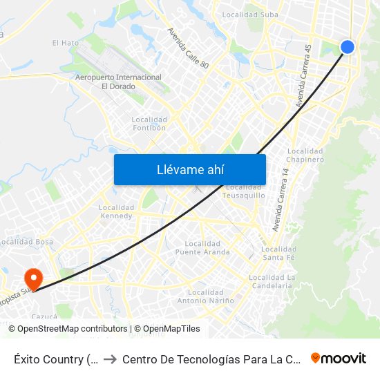 Éxito Country (Ac 134 - Kr 9b) to Centro De Tecnologías Para La Construcción Y La Madera (Sena) map