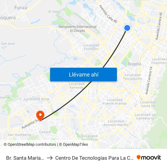 Br. Santa María (Ac 80 - Kr 73b) to Centro De Tecnologías Para La Construcción Y La Madera (Sena) map