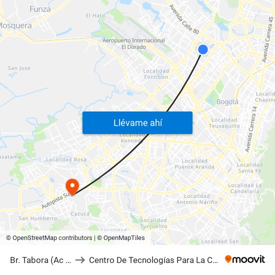 Br. Tabora (Ac 72 - Kr 77a) (A) to Centro De Tecnologías Para La Construcción Y La Madera (Sena) map