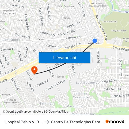 Hospital Pablo VI Bosa (Cl 63 Sur - Kr 77g) (A) to Centro De Tecnologías Para La Construcción Y La Madera (Sena) map
