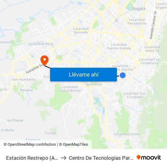 Estación Restrepo (Av. 1 De Mayo - Av. Caracas) (A) to Centro De Tecnologías Para La Construcción Y La Madera (Sena) map