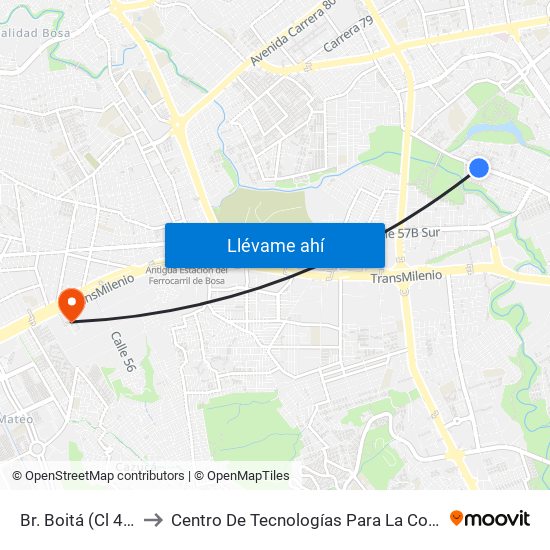 Br. Boitá (Cl 45 Sur - Kr 72v) to Centro De Tecnologías Para La Construcción Y La Madera (Sena) map