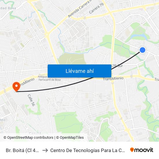 Br. Boitá (Cl 45 Sur - Kr 72m) to Centro De Tecnologías Para La Construcción Y La Madera (Sena) map