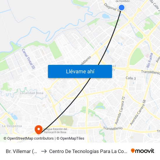 Br. Villemar (Cl 17 - Kr 96b) to Centro De Tecnologías Para La Construcción Y La Madera (Sena) map