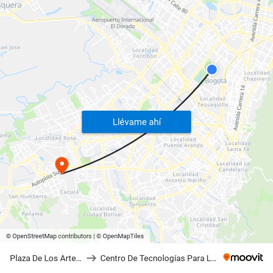 Plaza De Los Artesanos (Ak 60 - Cl 63a) to Centro De Tecnologías Para La Construcción Y La Madera (Sena) map