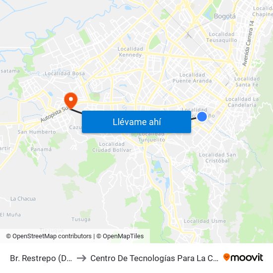 Br. Restrepo (Dg 12 Sur - Kr 17) to Centro De Tecnologías Para La Construcción Y La Madera (Sena) map