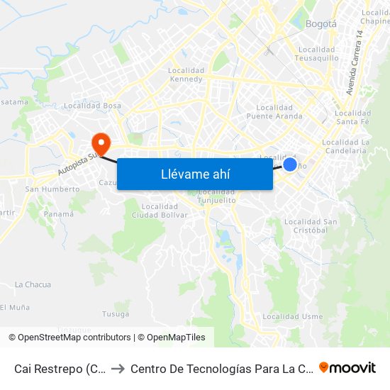 Cai Restrepo (Cl 13 Sur - Kr 18a) to Centro De Tecnologías Para La Construcción Y La Madera (Sena) map