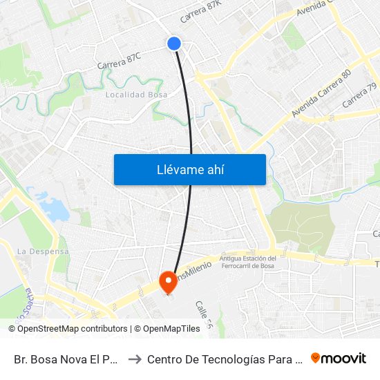 Br. Bosa Nova El Porvenir (Kr 87c - Cl 60 Sur) to Centro De Tecnologías Para La Construcción Y La Madera (Sena) map