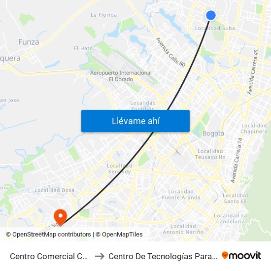 Centro Comercial Centro Suba (Av. Suba - Kr 91) to Centro De Tecnologías Para La Construcción Y La Madera (Sena) map