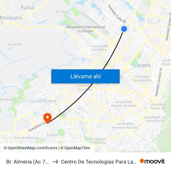 Br. Almería (Ac 72 - Av. C. De Cali) (A) to Centro De Tecnologías Para La Construcción Y La Madera (Sena) map