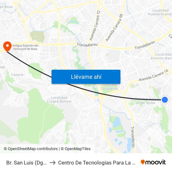 Br. San Luis (Dg 36b Sur - Kr 10a) to Centro De Tecnologías Para La Construcción Y La Madera (Sena) map