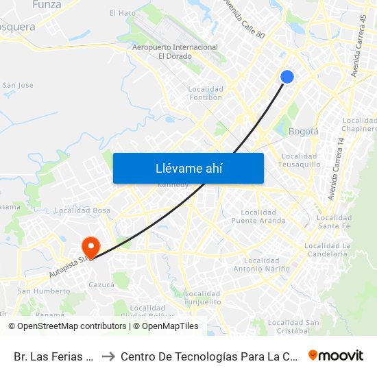 Br. Las Ferias (Ak 70 - Cl 71a) to Centro De Tecnologías Para La Construcción Y La Madera (Sena) map