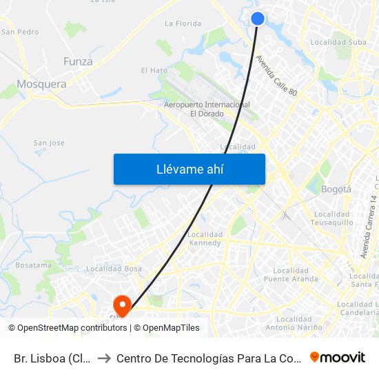 Br. Lisboa (Cl 130 - Kr 153) to Centro De Tecnologías Para La Construcción Y La Madera (Sena) map