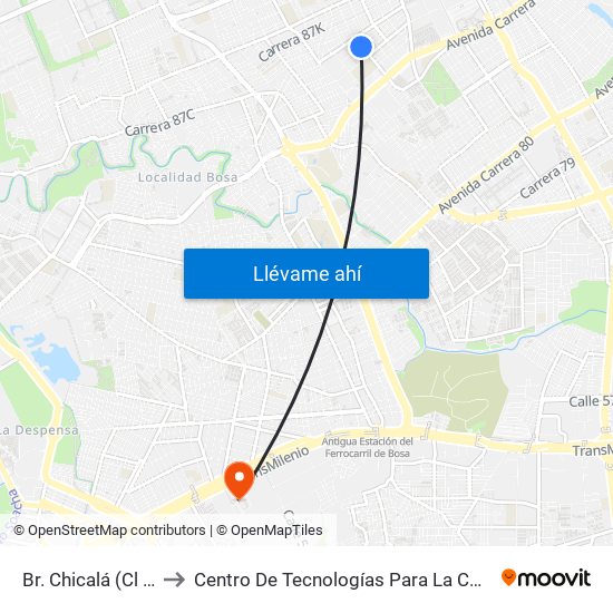Br. Chicalá (Cl 53 Sur - Kr 87) to Centro De Tecnologías Para La Construcción Y La Madera (Sena) map