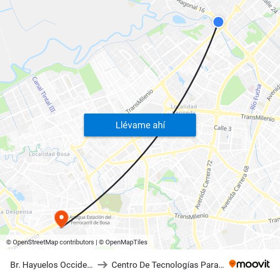 Br. Hayuelos Occidental (Av. Centenario - Kr 87) to Centro De Tecnologías Para La Construcción Y La Madera (Sena) map