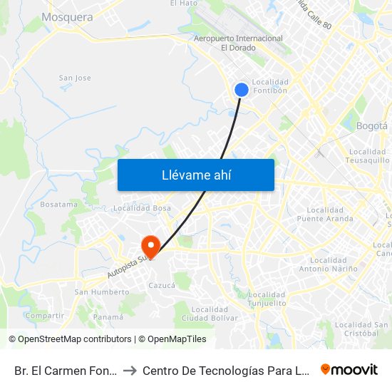 Br. El Carmen Fontibón (Cl 17 - Kr 100) to Centro De Tecnologías Para La Construcción Y La Madera (Sena) map