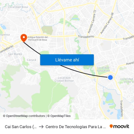 Cai San Carlos (Dg 51 Sur - Kr 18) to Centro De Tecnologías Para La Construcción Y La Madera (Sena) map