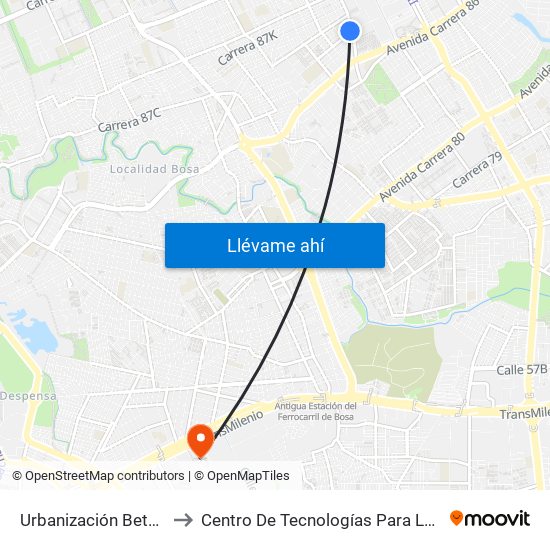 Urbanización Betania (Kr 87 - Cl 49 Sur) to Centro De Tecnologías Para La Construcción Y La Madera (Sena) map