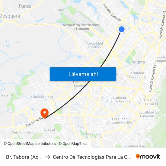 Br. Tabora (Ac 72 - Kr 80) (A) to Centro De Tecnologías Para La Construcción Y La Madera (Sena) map
