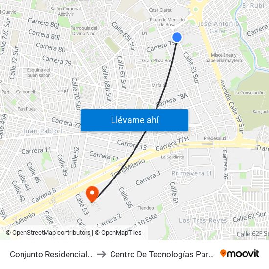 Conjunto Residencial La Capilla (Cl 63 Sur - Kr 79b) to Centro De Tecnologías Para La Construcción Y La Madera (Sena) map