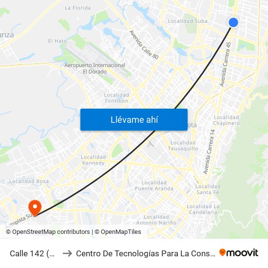 Calle 142 (Lado Norte) to Centro De Tecnologías Para La Construcción Y La Madera (Sena) map