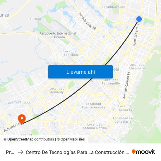 Prado to Centro De Tecnologías Para La Construcción Y La Madera (Sena) map