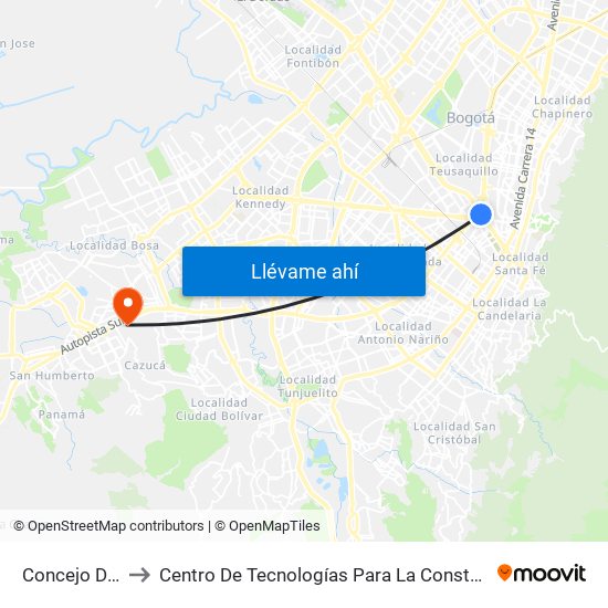 Concejo De Bogotá to Centro De Tecnologías Para La Construcción Y La Madera (Sena) map