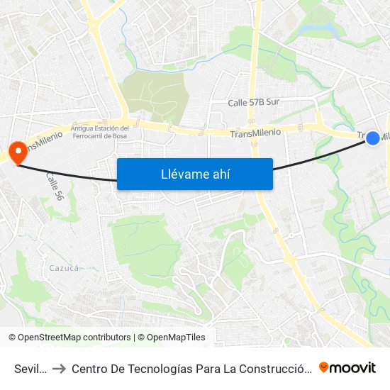 Sevillana to Centro De Tecnologías Para La Construcción Y La Madera (Sena) map