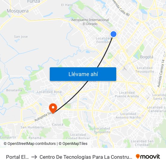 Portal Eldorado to Centro De Tecnologías Para La Construcción Y La Madera (Sena) map