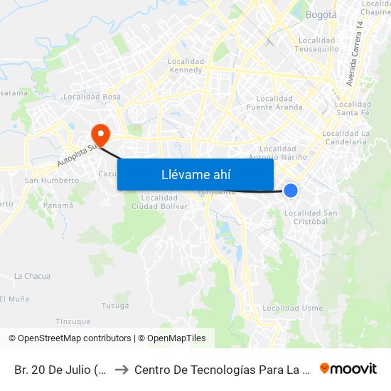 Br. 20 De Julio (Ak 10 - Cl 27a Sur) to Centro De Tecnologías Para La Construcción Y La Madera (Sena) map