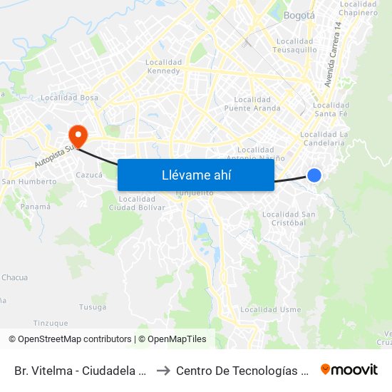 Br. Vitelma - Ciudadela Parque De La Roca (Cl 3 Sur - Kr 4a Este) to Centro De Tecnologías Para La Construcción Y La Madera (Sena) map