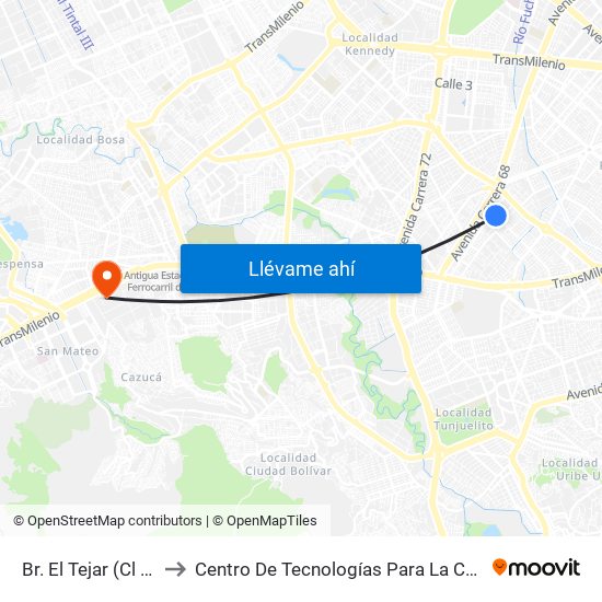 Br. El Tejar (Cl 33 Sur - Kr 52b) to Centro De Tecnologías Para La Construcción Y La Madera (Sena) map