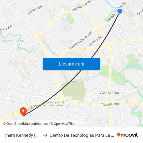 Inem Kennedy (Cl 38c Sur - Kr 79g) to Centro De Tecnologías Para La Construcción Y La Madera (Sena) map