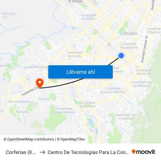 Corferias (Kr 40 - Cl 22a) to Centro De Tecnologías Para La Construcción Y La Madera (Sena) map