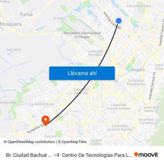 Br. Ciudad Bachué II Etapa (Cl 83 - Kr 95d) to Centro De Tecnologías Para La Construcción Y La Madera (Sena) map