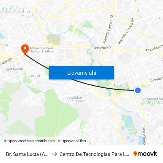 Br. Santa Lucía (Av. Caracas - Cl 45 Sur) to Centro De Tecnologías Para La Construcción Y La Madera (Sena) map